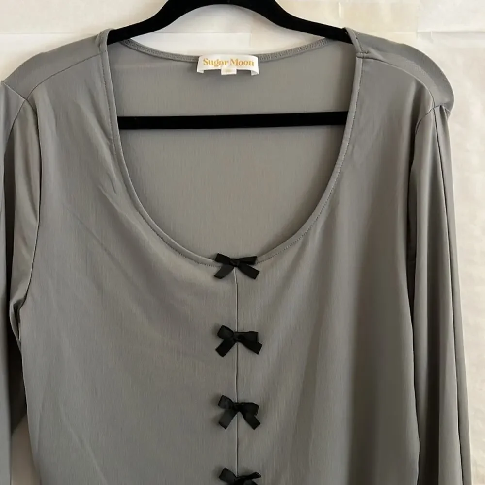 Sugar Moon Gray Mesh Bow Top XL Long Sleeve Ruffle Edge Coquette Y2K Crop - Picture 4 of 11
